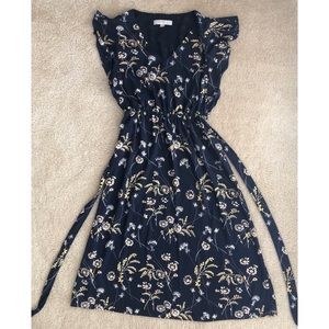LOFT Navy Floral Midi Dress with Flutter Sleeves